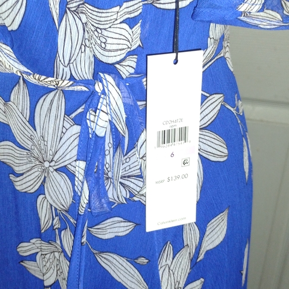 NWT Calvin Klein sz6 blue/white flower dress w tie on side zipper. - Picture 2 of 7